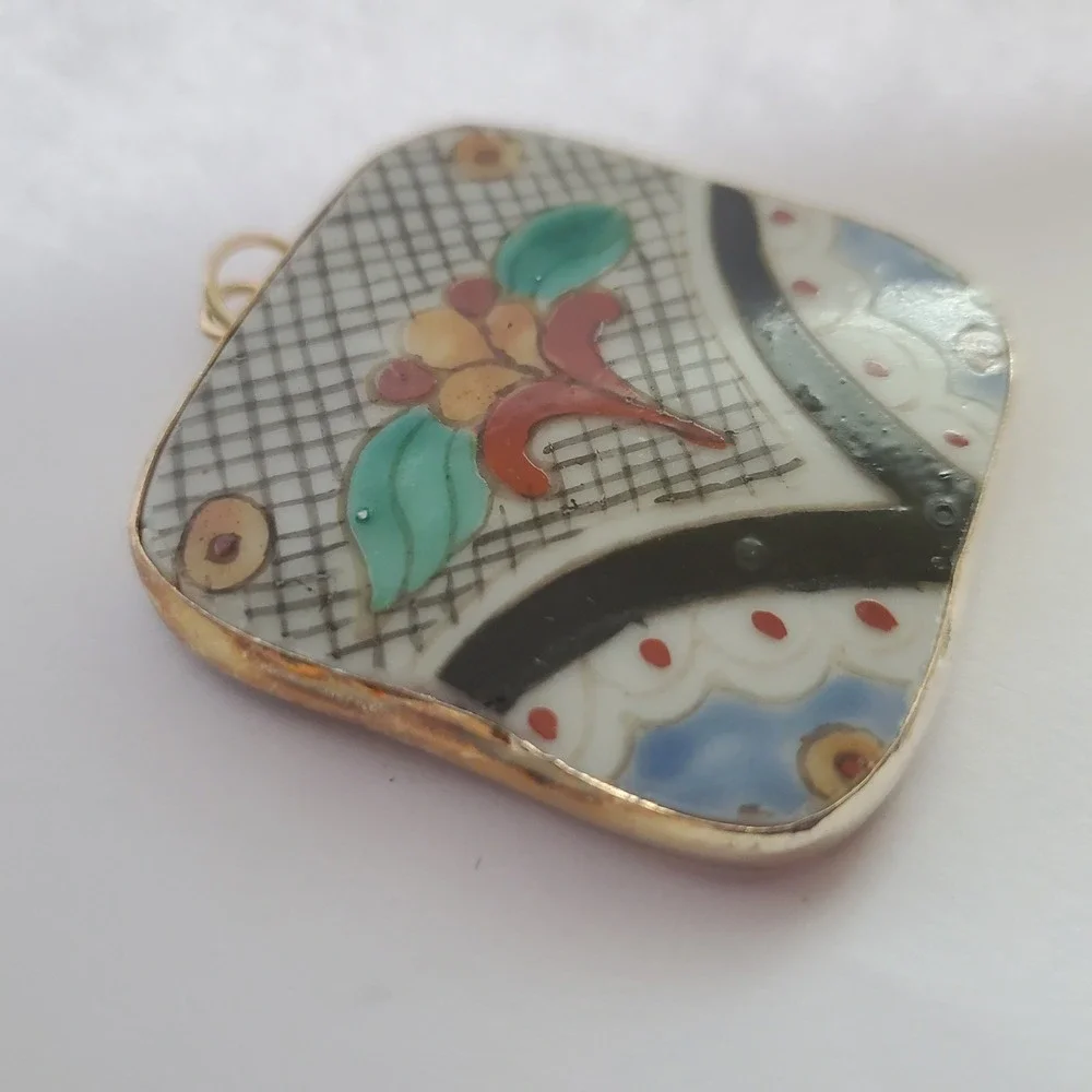 Vintage Hand Painted Talavera‎ Tile Pottery Shard Pendant Floral Square Jewelry